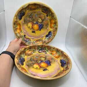 Vintage 1971 Tin Box Company Round Fruit Tin Shallow Bowls Set of 2 Thanksgiving